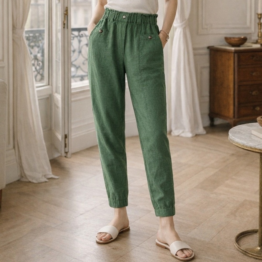Magic Linen Green Tapered Leg Linen Pants Elastic Waist Front Pockets Size XS